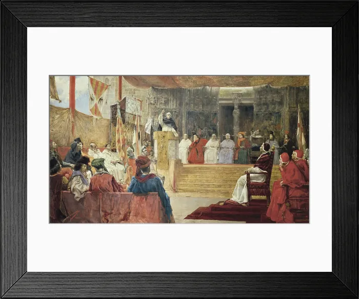 Framed Print : VINIEGRA Y LASSO, Salvador (1862-1915). Compromise of Caspe. Saint Vicente Ferrer from the pulpit speaking to the mediators assembled in Caspe (1412). Oil on canvas