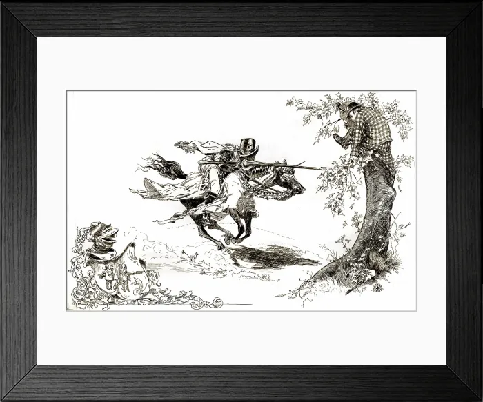 Framed Print : American Illustration, Knight in armor tilting at man in modern dress in tree onto which man in modern dress has climbed for refuge