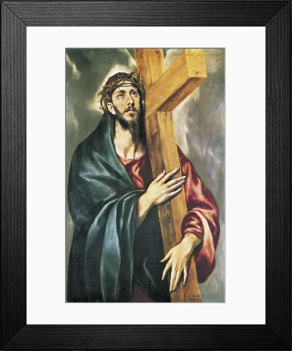 Framed Print : Greco, Domnikos Theotokpoulos, called El (1541-1614). Christ with the Cross. 1590-1595. Mannerism art. Oil on canvas. SPAIN. Barcelona. National Art Museum of Catalonia