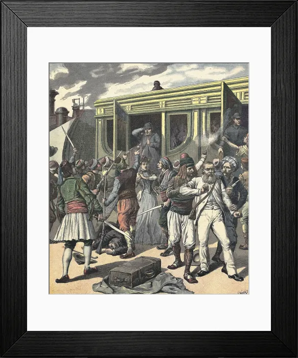 Framed Print : French empire. Bandits in an oriental colony detain a train with French travellers. Illustration by H. Meyer for 'Le Petit Journal' (1892). Engraving