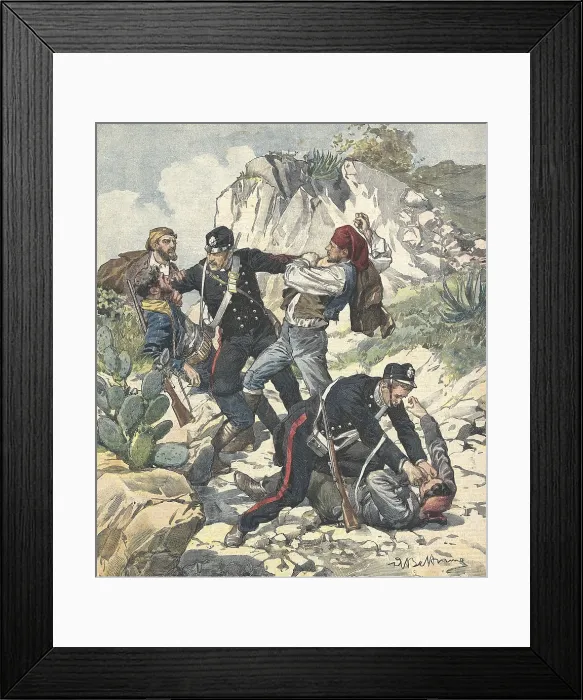 Framed Print : Italy (1902). Carabiniers arrest a bandit and his gang in Trapani. Illustration of Achille Beltrame from 'Domenica del Corriere' (February 231902). Engraving Framed Print : Italy (1902). Carabiniers arrest a bandit and his gang in Trapani. Illustration of Achille Beltrame from 'Domenica del Corriere' (February 231902). Engraving