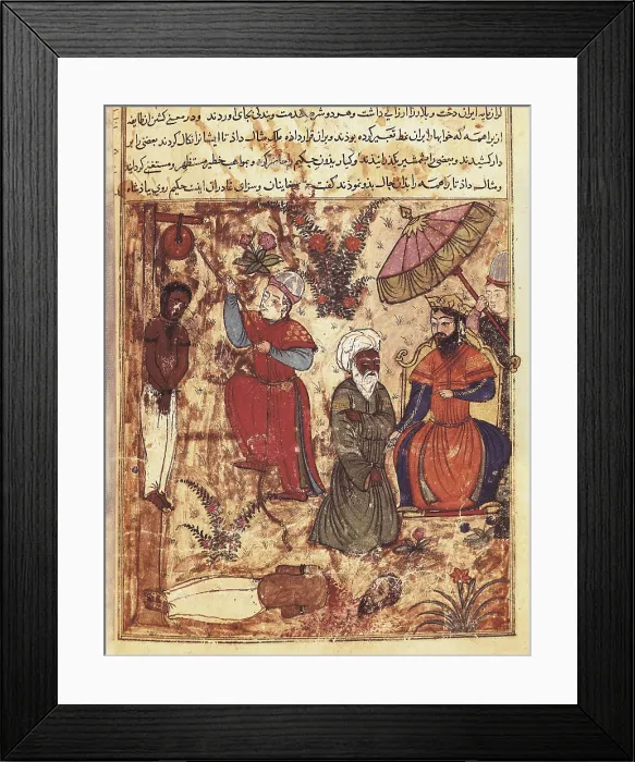 Framed Print : MADERUELO, Master of (12th century); MADERUELO, Master of (12th century). The Book of Kalila and Dimna. s.XIV. A man ask for justice to the Sultan, while the guilty is hanged