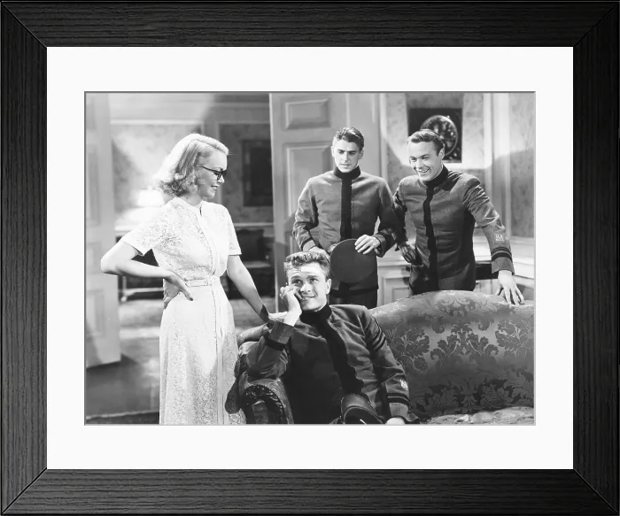 Framed Print : BROTHER RAT, from left: Jane Wyman, Eddie Albert, Ronald Reagan, Wayne Morris, 1938 Framed Print : BROTHER RAT, from left: Jane Wyman, Eddie Albert, Ronald Reagan, Wayne Morris, 1938