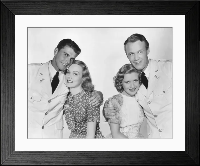 Framed Print : BROTHER RAT, from left: Ronald Reagan, Jane Wyman, Priscilla Lane, Wayne Morris, 1938