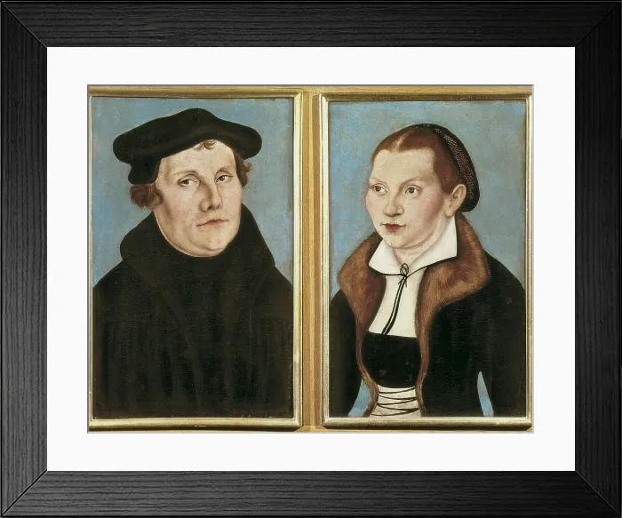 Framed Print : Cranach, Lucas, 'the Elder' (1472-1553). Portraits of Luther and his Wife Katharina von Bora. 1529. Pair of paintings of the same size. Renaissance art. Oil on wood