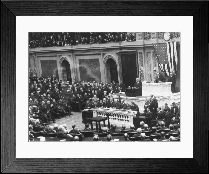 Framed Print : President Warren Harding before a Joint Session of Congress, April 12, 1921. He presented an outline of his administration's foreign and domestic policy. He was against U.S Framed Print : President Warren Harding before a Joint Session of Congress, April 12, 1921. He presented an outline of his administration's foreign and domestic policy. He was against U.S