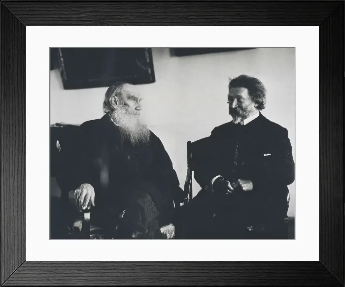 Framed Print : Repin, Ilya Yefimovich (1844-1930); TOLSTOY, Lev Nikolayevich, Leo (1828-1910). Leo Tolstoy with the painter Ilia Repin at the writer's house in 1907. RUSSIA. TULA