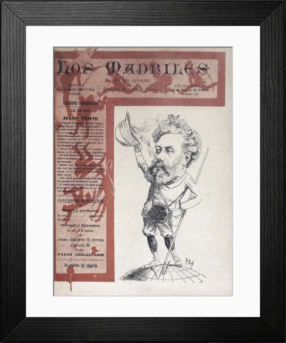 Framed Print : VERNE, Jules (1828-1905). Caricature of Jules Verne published in the cover of the magazine 'Los Madriles' (Januray 18, 1890). AISA / Everett Collection**US SALES ONLY** Framed Print : VERNE, Jules (1828-1905). Caricature of Jules Verne published in the cover of the magazine 'Los Madriles' (Januray 18, 1890). AISA / Everett Collection**US SALES ONLY**