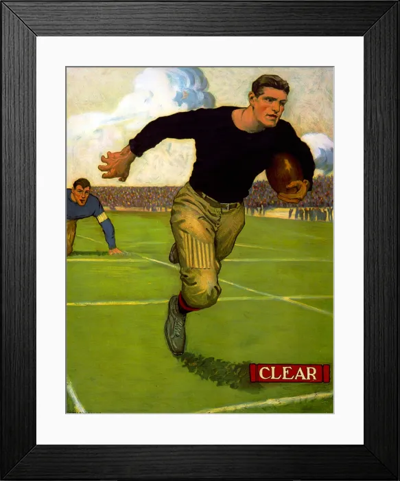 Framed Print : Football. A college football player slips clear of a tackle and runs for the end zone, color lithograph, Hibberd Kline, artist, 1910