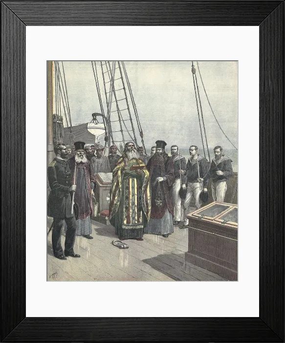 Framed Print : Baptism in Saint Nazare (France) of the yacht 'Strela'property of Big Duke Alexisbrother of the czar of Russia. Engraving by A Framed Print : Baptism in Saint Nazare (France) of the yacht 'Strela'property of Big Duke Alexisbrother of the czar of Russia. Engraving by A