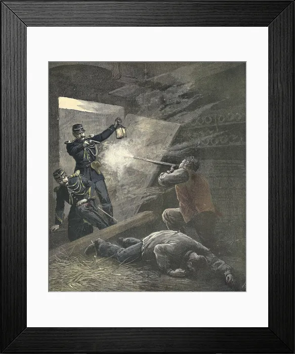 Framed Print : France (1892). Two military men are knocked down in a wine cellar. Engraving by H. Meyer from 'Le Petit Journal' Framed Print : France (1892). Two military men are knocked down in a wine cellar. Engraving by H. Meyer from 'Le Petit Journal'