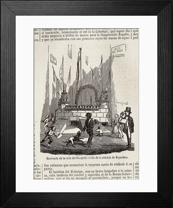 Framed Print : Spain. Revolution of 1854 (Madrid, July). Barricade on Barquillo street the day in which Espartero was coming in the city. Published in 'La Ilustracin Framed Print : Spain. Revolution of 1854 (Madrid, July). Barricade on Barquillo street the day in which Espartero was coming in the city. Published in 'La Ilustracin