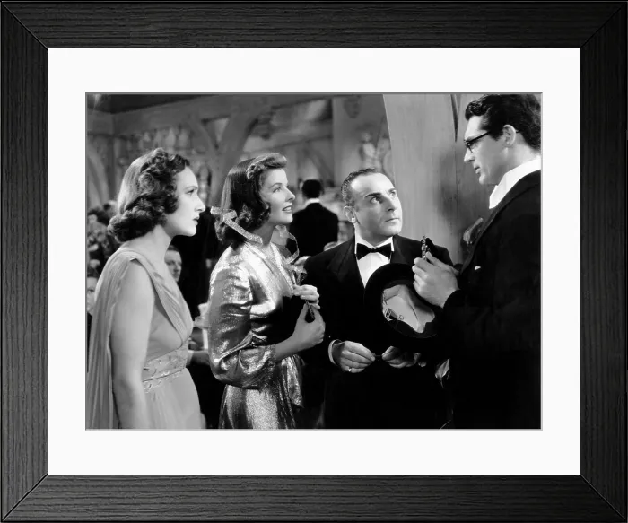 Framed Print : BRINGING UP BABY, from left, Tala Birell, Katharine Hepburn, Fritz Feld, Cary Grant, 1938