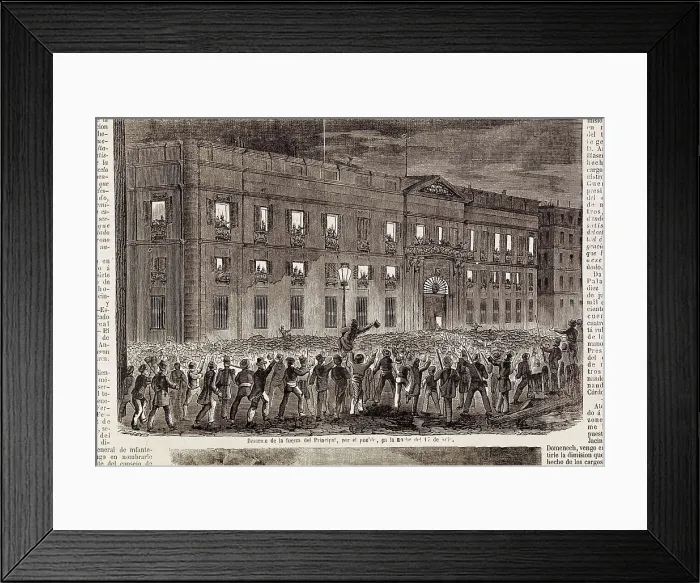 Framed Print : Spain. Revolution of 1854 (Madrid, 17th July). Disarm of the Principal by the people of Madrid. Image published in 'La Ilustracin. Peridico Universal'. Etching. SPAIN