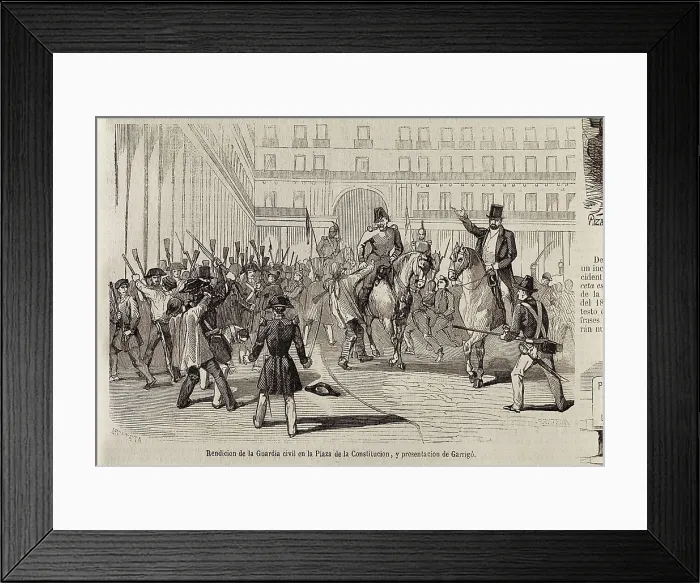 Framed Print : Spain. Revolution of 1854 (Madrid, July). Surrender of the Civil Guard in the Constitution Square and presentation of Garrig. Image published in 'La Ilustracin Framed Print : Spain. Revolution of 1854 (Madrid, July). Surrender of the Civil Guard in the Constitution Square and presentation of Garrig. Image published in 'La Ilustracin