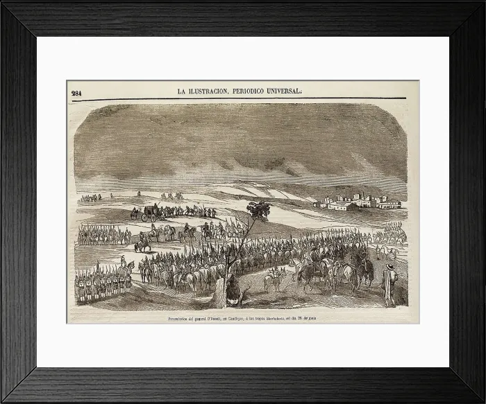 Framed Print : Spain. Revolution of 1854. General O'Donnell visitin his troops in Canillejas (28th June). Image published in 'La Ilustracin. Peridico Universal'. Etching. SPAIN