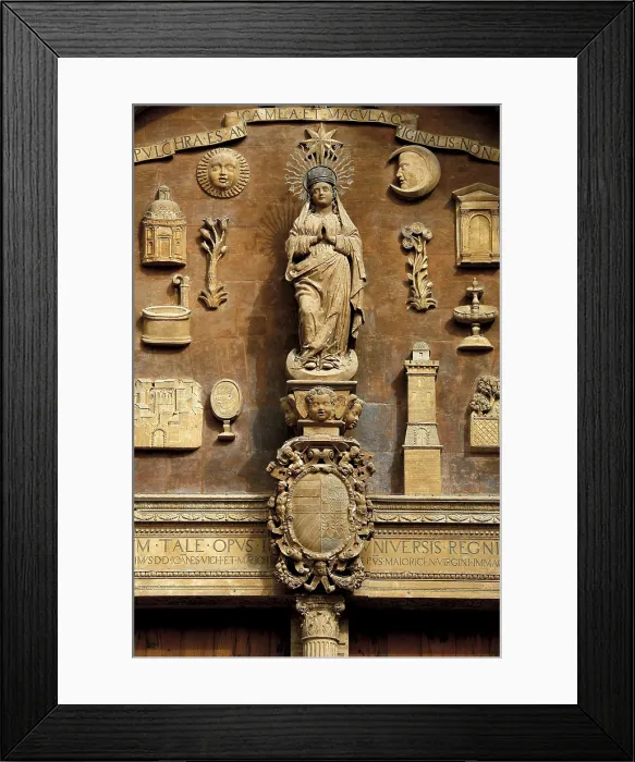 Framed Print : Palma de Majora Cathedral. ca. 1230-1613. SPAIN. Palma de Mallorca. Cathedral of St. Mary. Door of the Almudainawork by Miquel Verger (1592-1601). Tympanum with Virgin Mary