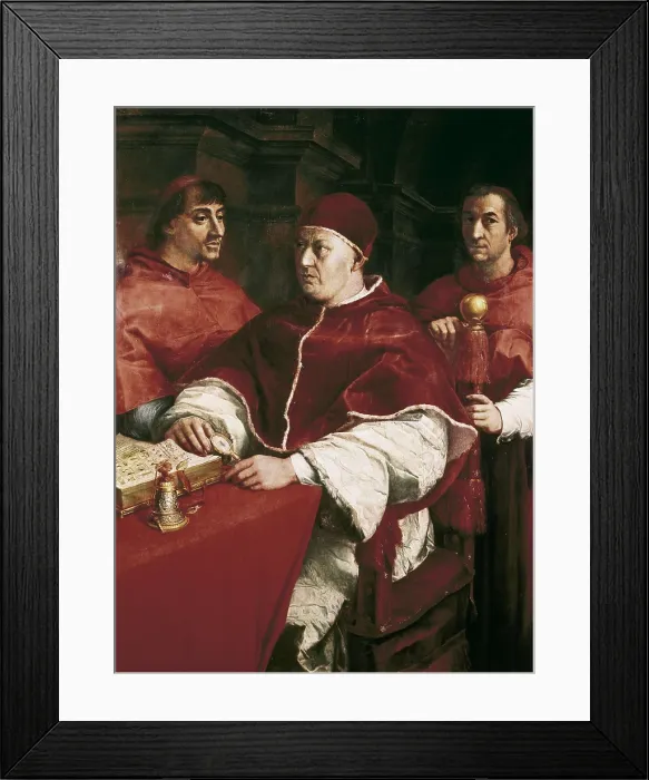 Framed Print : Raphael (1483-1520). Portrait of Leo X with Cardinal Luigi de Rossi and Giulio de Medici. 1518-1519. Renaissance art. Cinquecento. Oil on canvas. ITALY. Florence