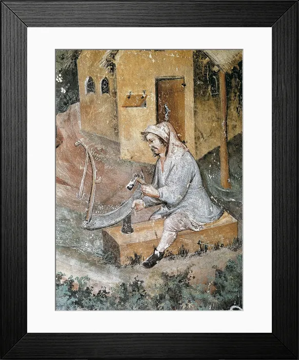 Framed Print : ITALY. Trento. Castle Buonconsiglio. Eagle's Tower. Cycle of the Months. Detail of a farmer sharpening the scythe. International gothic. Fresco