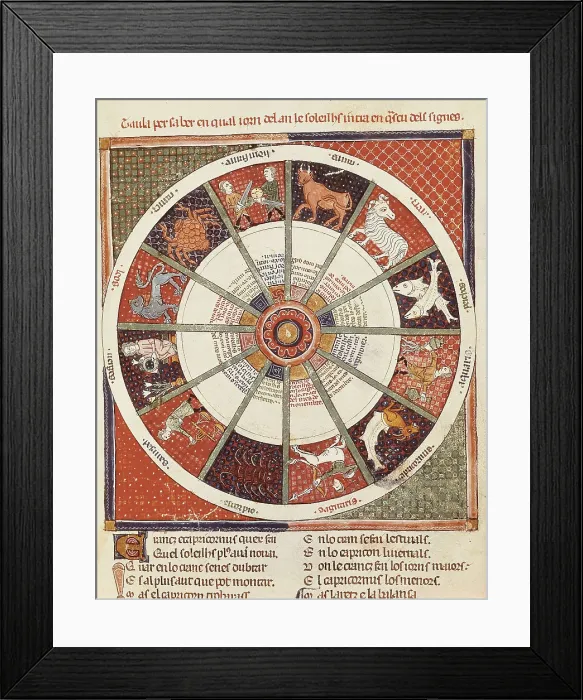 Framed Print : ERMENGAUD OF BEZIERS (13th century). Brviaire d'amour (Breviary of Love). 13th c. The Twelve Signs of the Zodiac. Provenal School. Romanesque art. Miniature Painting. SPAIN