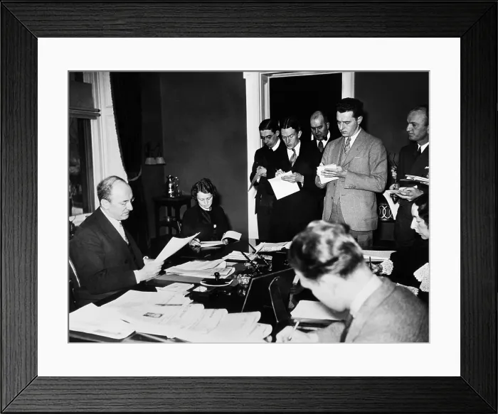 Framed Print : Secretary of the Treasury Henry Morgenthau, Jr. speaking the reporters, Jan. 17, 1935 Framed Print : Secretary of the Treasury Henry Morgenthau, Jr. speaking the reporters, Jan. 17, 1935