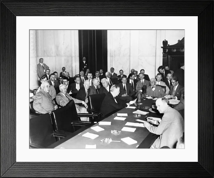 Framed Print : The witnesses and Senators at the Senate Banking and Currency Committee hearing. May 26, 1933. J.P. Morgan was seated at far left in the Caucus Room of the Senate Office Building