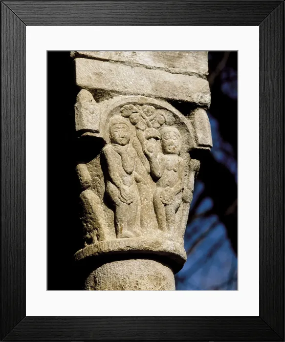 Framed Print : Cloister of the convent of Sant Domnec. 12th c. SPAIN. Perelada. Sant Domnech Convent. Capotal depicting Adam, Eve and the Original Sin. Romanesque art. Relief on marble