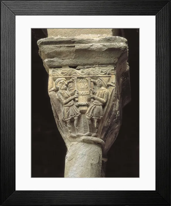 Framed Print : Monastery of St. 12th c. SPAIN. L'Estany. Monastery of Santa Maria de l'Estany. Capital of the cloister. Romanesque art. Relief on marble