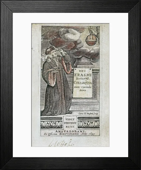 Framed Print : Erasmus, Desiderius Erasmus Roterdamus (1469-1539). Portrait of Erasmus included in the front page of 'Colloquia'. Edition published in Amsterdam in 1655. Litography