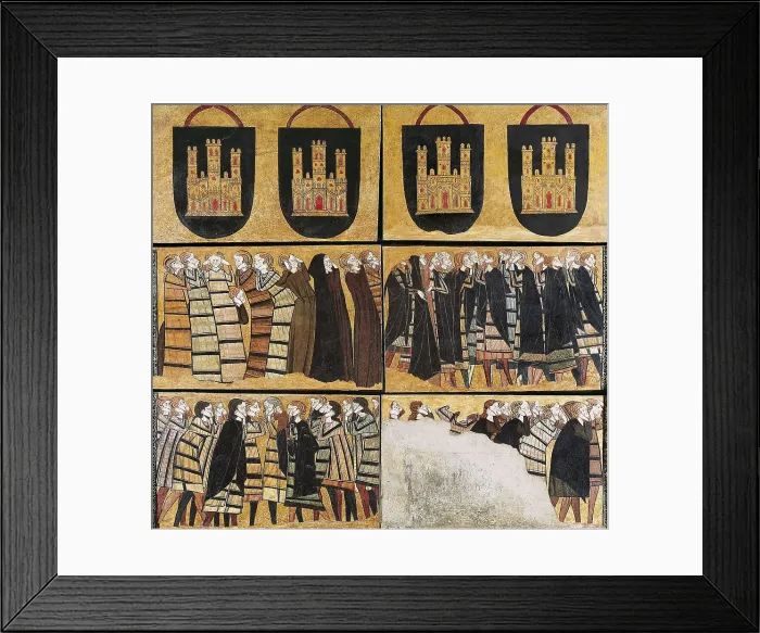 Framed Print : Coats of Arms and Mourners from the Tomb of Sancho Siz de Carrillo. end 13th c. Tempera on parchment apllied to a wooden support Framed Print : Coats of Arms and Mourners from the Tomb of Sancho Siz de Carrillo. end 13th c. Tempera on parchment apllied to a wooden support