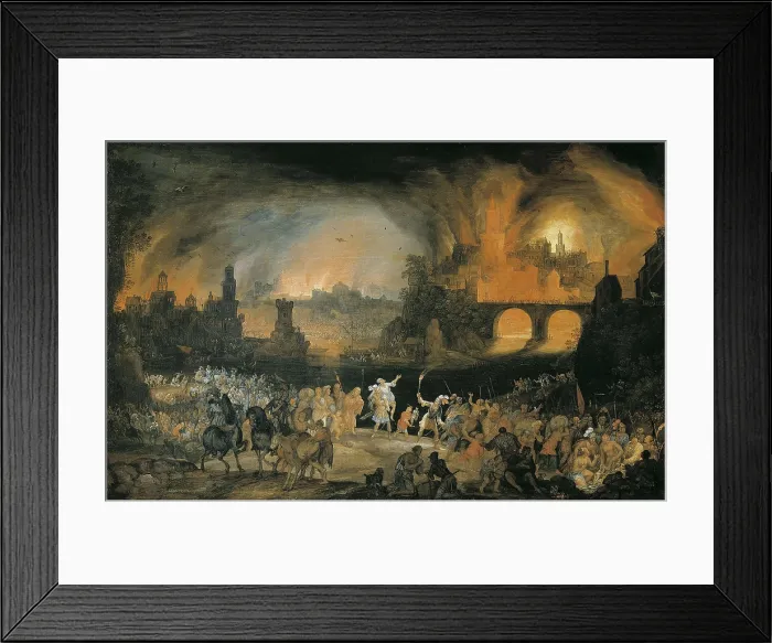 Framed Print : SCHOUBROECK, Pieter (1570-1607). The Burning of Troy (Der Brand Trojas). 1606. Oil on copper. Oil on wood. AUSTRIA. Vienna
