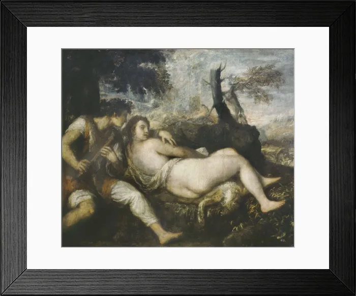 Framed Print : TTITIA, Tiziano Vecello, also called (1490-1576). Nymph and Shepherd (Ninfa e pastore). ca. 1570. Renaissance art. Cinquecento. Venetian school. Oil on wood. AUSTRIA. Vienna
