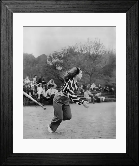 Framed Print : New York City, woman playing softball with other members of Othello production, Central Park, circa 1943-1944