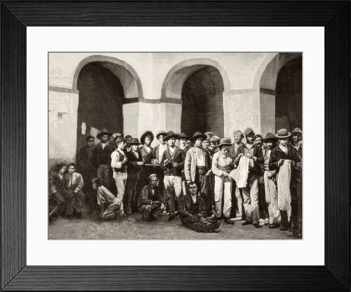 Framed Print : Spain (1883). Members of the anarchist organization 'La Mano Negra' (The Black Hand) in the prison of Jerez de la Frontera. Engraving after a photo by Montenegro Framed Print : Spain (1883). Members of the anarchist organization 'La Mano Negra' (The Black Hand) in the prison of Jerez de la Frontera. Engraving after a photo by Montenegro