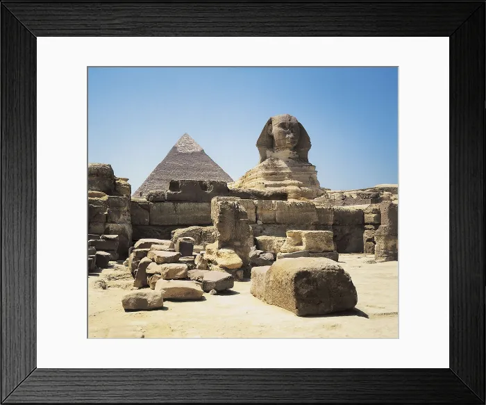 Framed Print : The Giza Sphinx. 26th-25th c. BC; Khafre's Pyramid. EGYPT. GIZA. Giza. Khafra's sphinx and pyramid. Egyptian art. Old Kingdom. AISA / Everett Collection**US SALES ONLY**