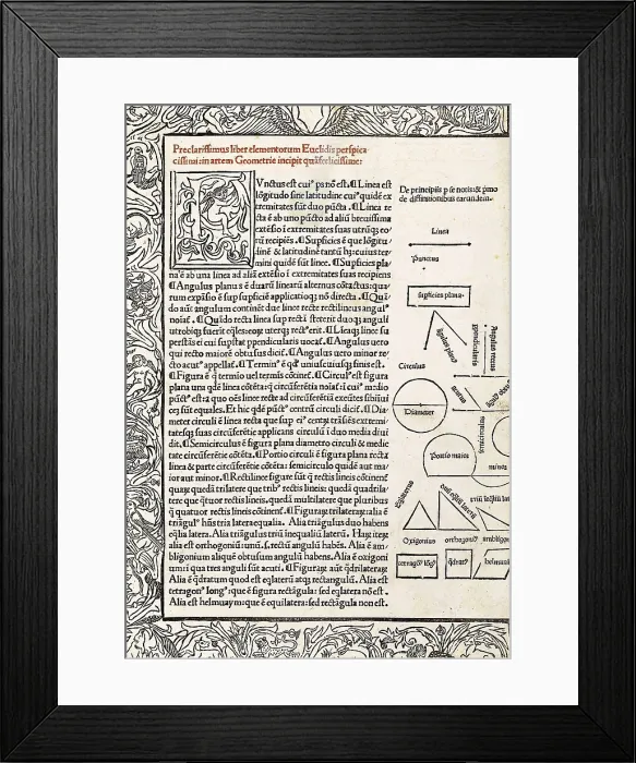 Framed Print : EUCLID (c. 300 BC). Printed page from Euclid's 'Elements'. Edition of Leonardo de Basilea and Guillermo de Pavia, 1491. SPAIN. Barcelona