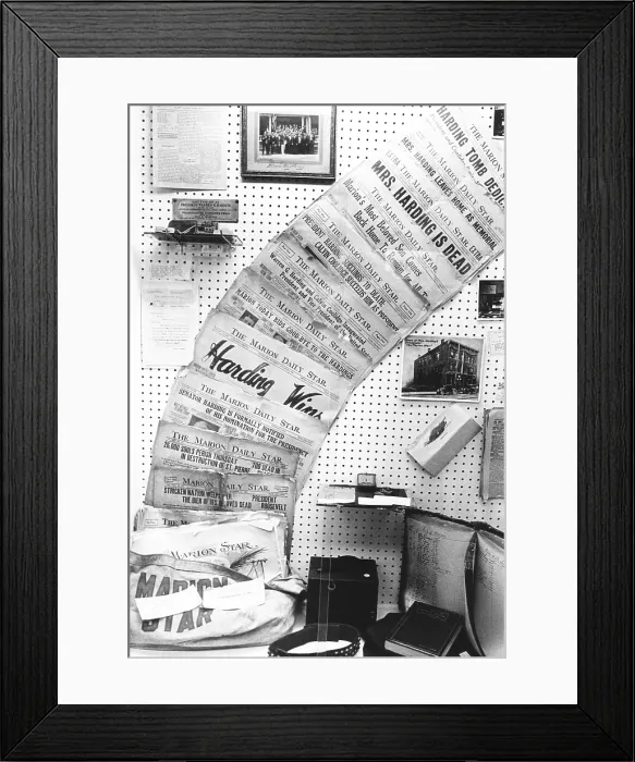 Framed Print : Warren Harding biography milestones in the headlines of his Newspaper, THE MARION DAILY STAR. Display at the Harding Memorial Association in Marion. 1969