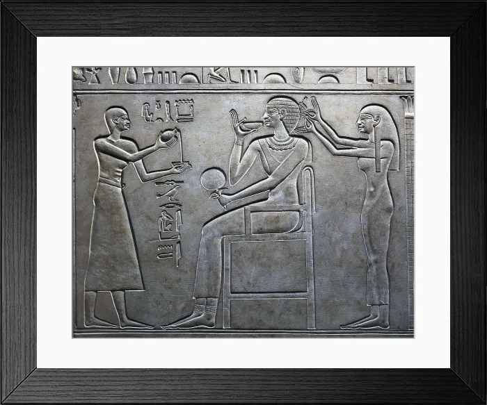 Framed Print : Sarcophagus of Queen Kawit. 2040 BC. Detail of Queen Kawit at her toilet. Egyptian art. Middle Kingdom. Relief on rock. EGYPT. Cairo. Egyptian Museum. Proc: EGYPT. Dayr al-Bahri