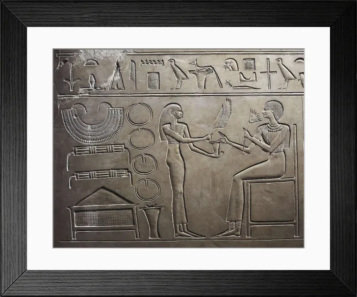 Framed Print : Sarcophagus of Queen Kawit. 2040 BC. Detail with the representation of Queen Kawit sniffing the scent of lotus, symbol of the life. Egyptian art. Middle Kingdom. Relief on rock
