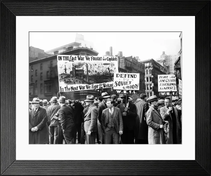 Framed Print : Communists with signs in Union Square on May Day, 1931. Signs read, In the Last War We Fought For Capitalism
