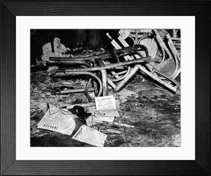 Framed Print : Coconut Grove Nightclub Fire. A view of the fire-ruined interior of the Coconut Grove nightclub after the bodies of the victims were removed