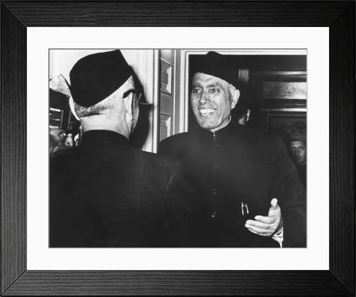 Framed Print : Former Kashmiri Premier Sheikh Mohammed Abdullah after his release from 14 years detention. He is greeted by Indian President Zachir Hussain in New Delhi, Jan. 2, 1968
