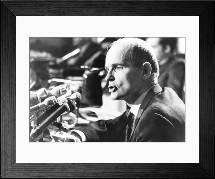 Framed Print : Senator William Proxmire at a news conference on Dec. 26, 1969