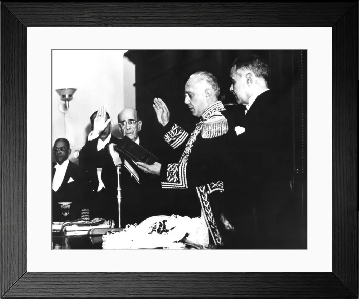 Framed Print : Pres. Rafael Trujillo of the Dominican Republic (second from right) takes the oath of office. August 16, 1947. It was his last Presidential Inauguration