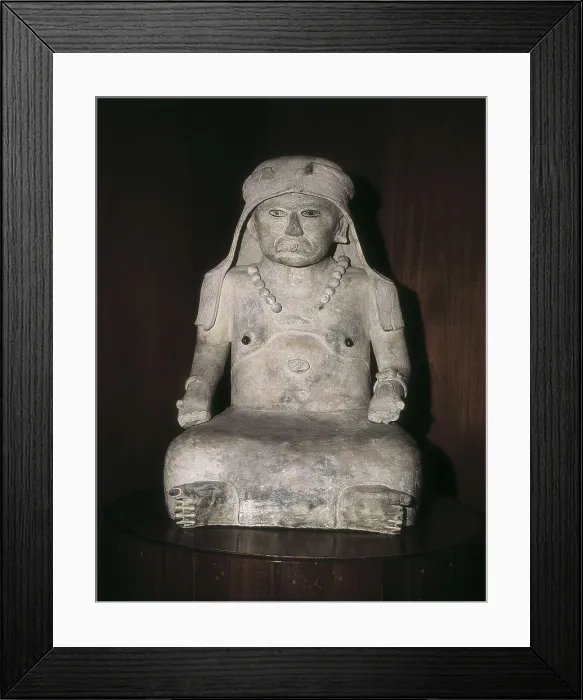 Framed Print : Old woman with a headdress. Pre-Columbian art. Sculpture on rock. MEXICO. Mexico City. National Museum of Anthropology. Proc: MEXICO. VERACRUZ