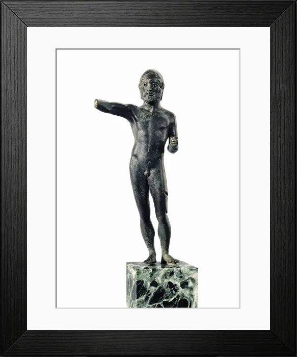 Framed Print : Figure of warrior. 5th c. BC. Classical Greek art. Sculpture on bronze. SPAIN. Barcelona. Archaeology Museum of Catalonia. Proc: SPAIN. MALLORCA
