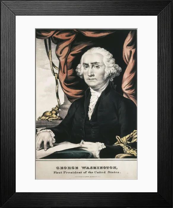 Framed Print : WASHINGTON, George (1732-1799). Portrait of George Washington with the inscription 'First President of the United States'. Engraving