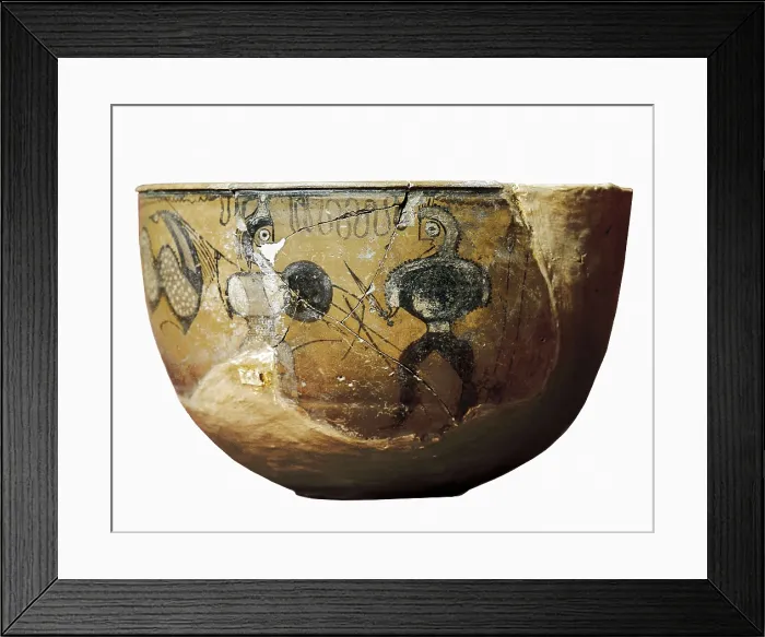 Framed Print : Vase of the warriors. 3rd-2nd c. BC. Two warriors, one Celtiberian and one Roman, fighting against each other carrying lance, shield and sword. Iberian art. Ceramics. SPAIN