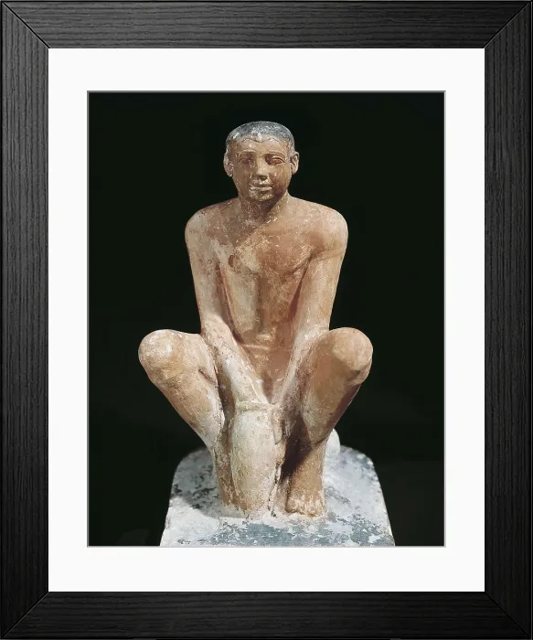 Framed Print : Man coating a jar with clay. ca. 2465 BC. Man coating a jar with clay. Work of the 5th Dynasty from the Old Kingdom. Egyptian art. Old Kingdom. Sculpture on rock. EGYPT. Cairo