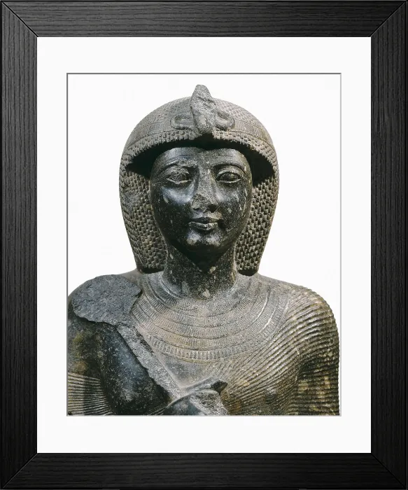 Framed Print : Bust of a sitted statue of Ramss II. 1290 -1237 BC. Grey granite. Egyptian art. New Kingdom. Sculpture on marble. EGYPT. Cairo. Egyptian Museum. Proc: EGYPT. San el-Hagar. Tanis